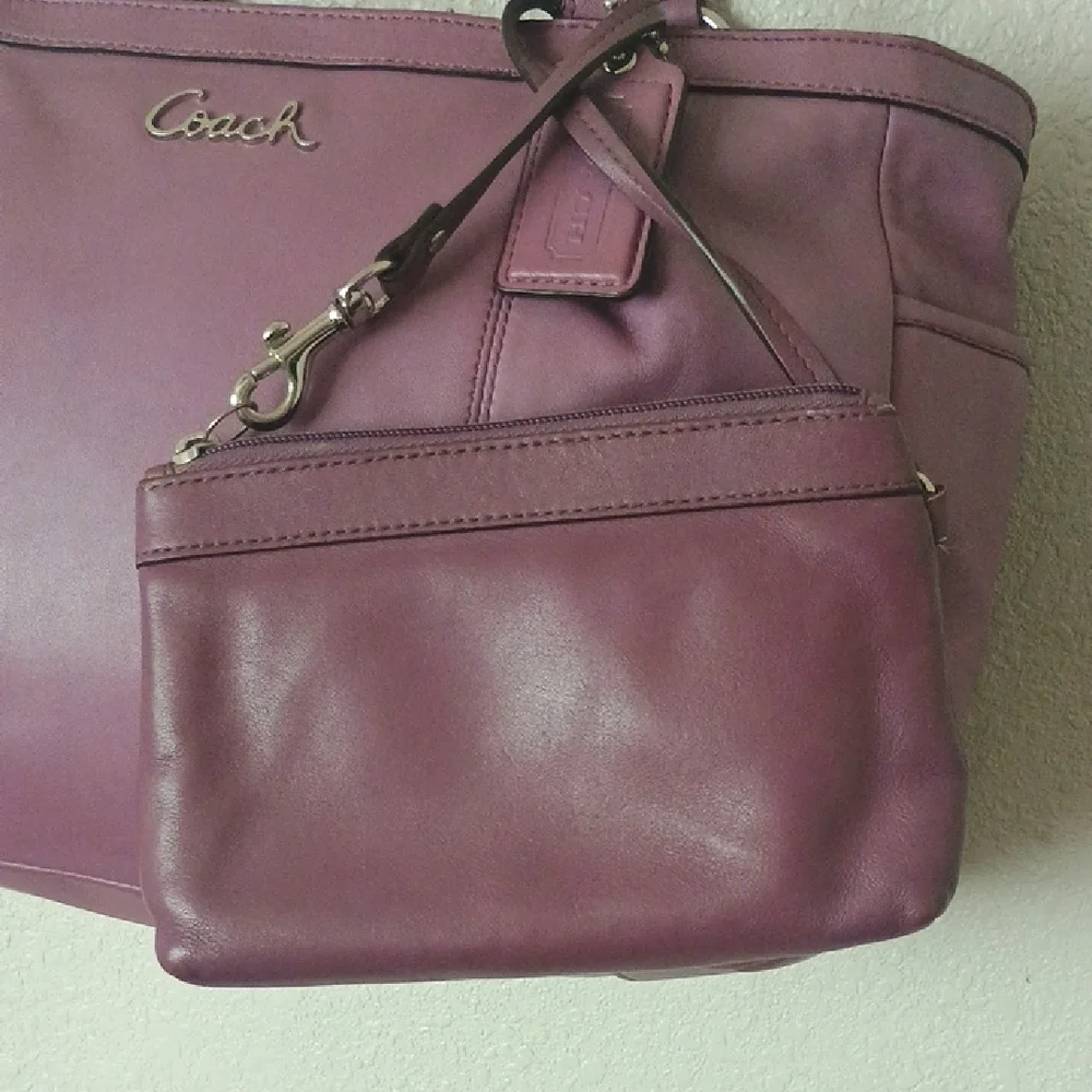 Coach Ashley Mauve Leather Shoulder Bag And Ponch Wristlet.